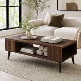 WELLFOR - 42" Mid Century Modern Coffee Table with Open Compartment, Rectangular Wooden Center Table for Living Room - Walnut