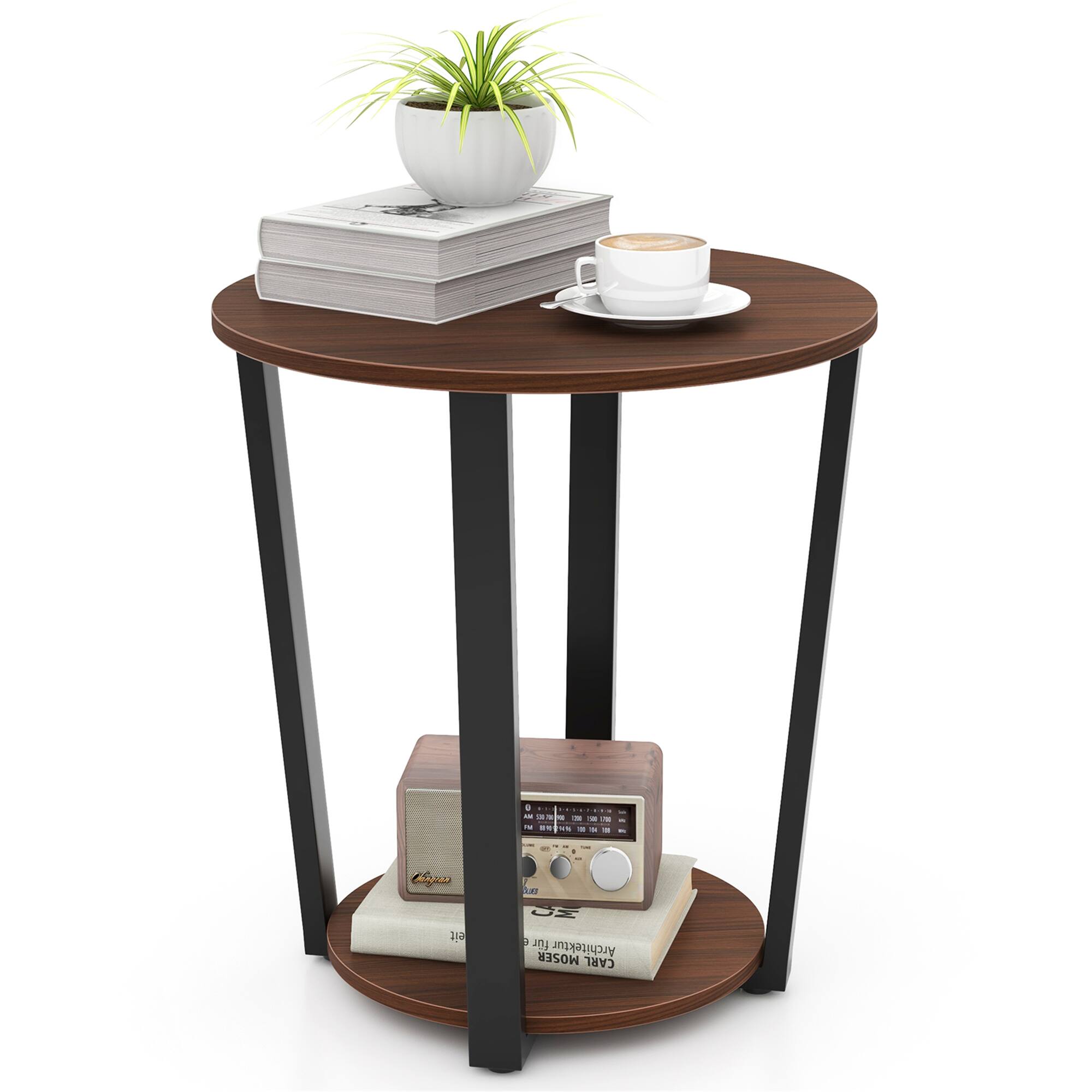 Gymax - Industrial End Table Sofa Side Table Nightstand w/ Storage Shelf & Metal Frame - Walnut
