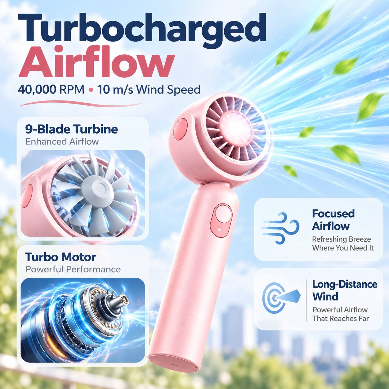Turbocharged Airflow  
40,000 RPM • 10 m/s Wind Speed  

9-Blade Turbine  
Enhanced Airflow  

Turbo Motor  
Powerful Performance  

Focused Airflow  
Refreshing Breeze Where You Need It  

Long-Distance Wind  
Powerful Airflow That Reaches Far