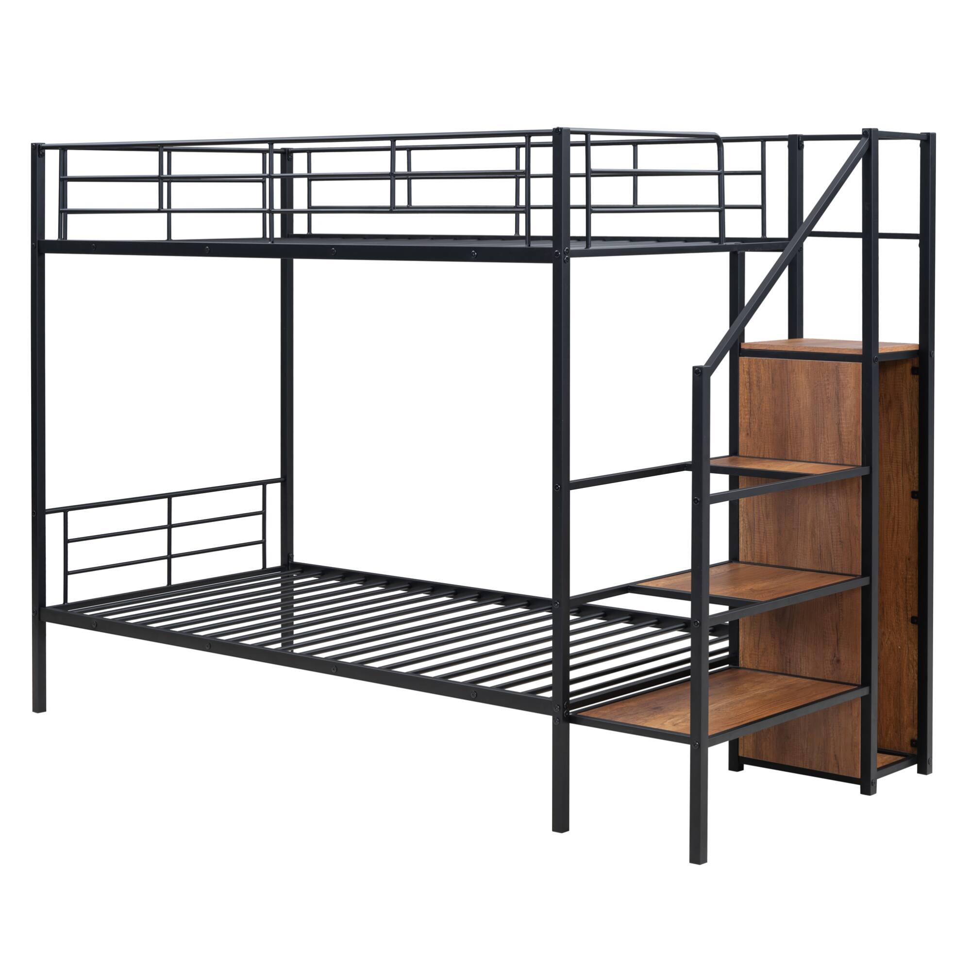 Back. GOODSILO - Contemporary Twin Over Twin Metal Bunk Bed with Integrated Storage Ladder and Wardrobe - Black.