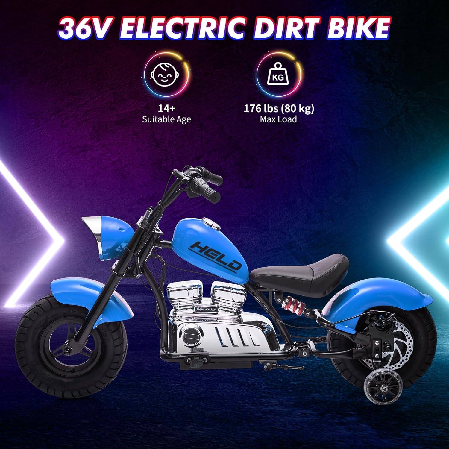 36V ELECTRIC DIRT BIKE

14+ Suitable Age

176 lbs (80 kg) Max Load

HELD MOTO