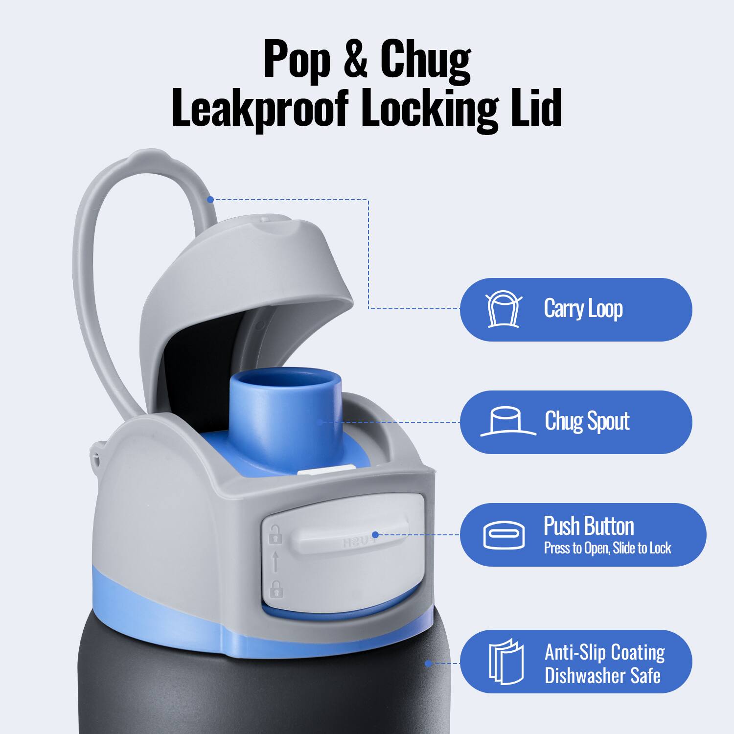 Pop & Chug Leakproof Locking Lid

- Carry Loop
- Chug Spout
- Push Button: Press to Open, Slide to Lock
- Anti-Slip Coating
- Dishwasher Safe