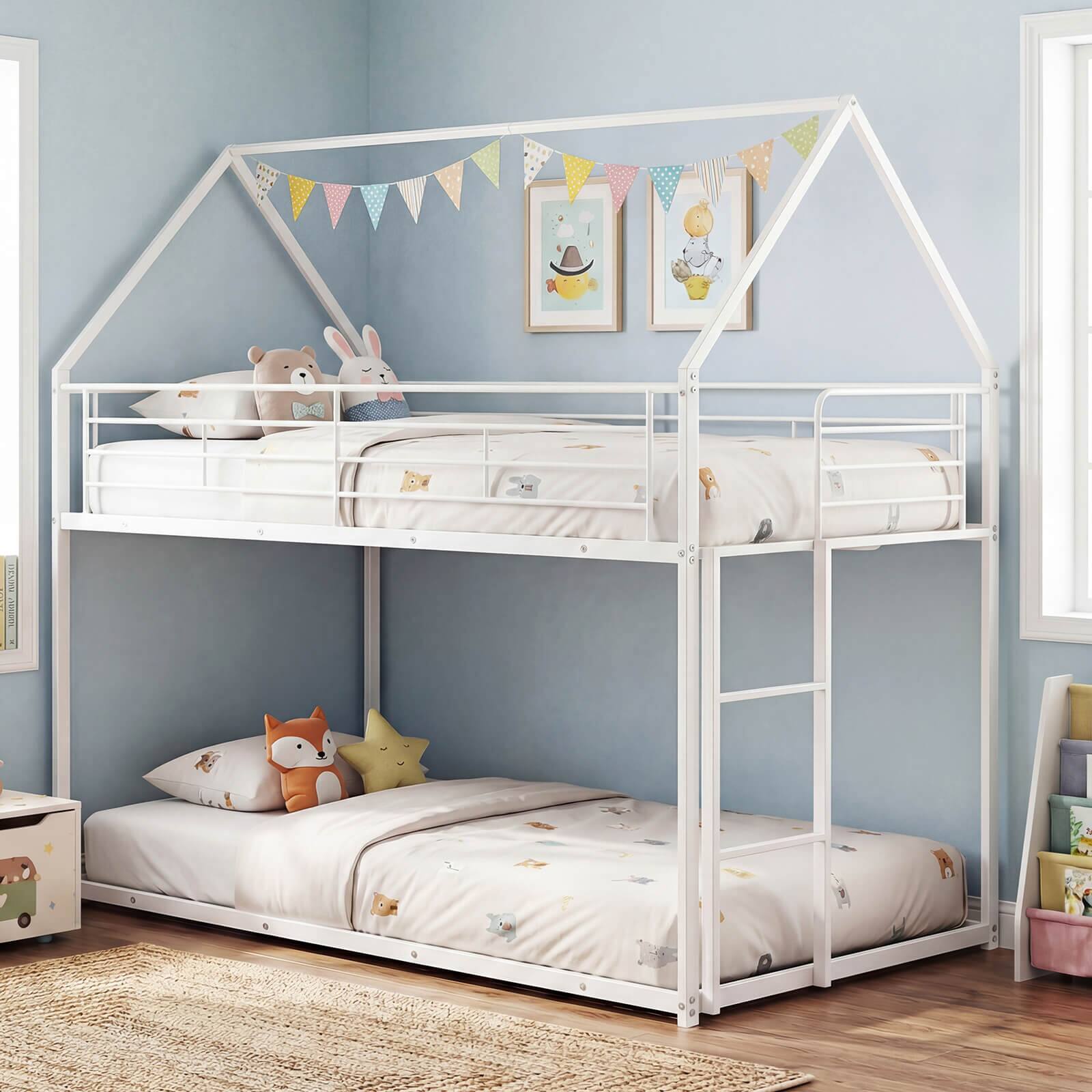 Alt View 4. Costway - Costway Twin Over Twin Metal Bunk Bed, House Shaped Floor Bunk Bed Frame with Roof & Ladder - White.