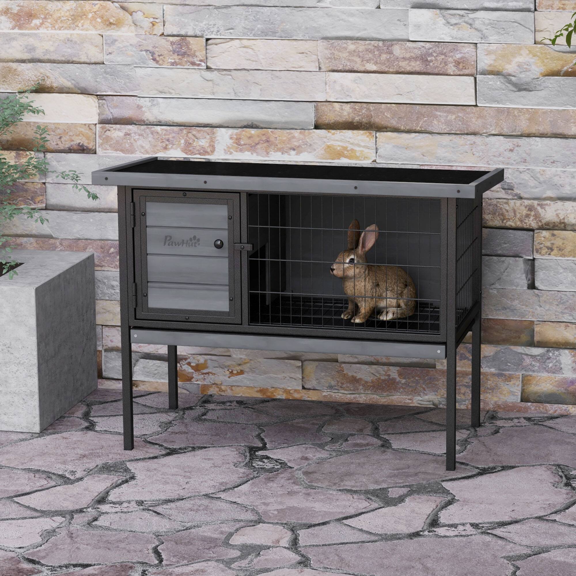 Angle. Pawhut - Elevated Rabbit Hutch, Metal Frame, No Leak Tray, Metal Wire Pan, Openable Water-Resistant Asphalt Roof.