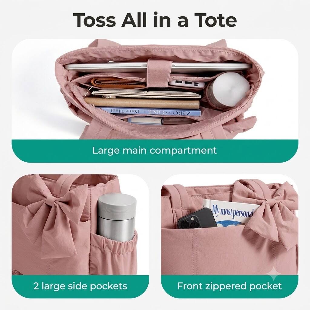 Toss All in a Tote

- Large main compartment
- 2 large side pockets
- Front zippered pocket