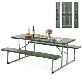 Gymax - Folding Picnic Table w/ 2 Benches 6 FT Camping Table Set w/ All-Weather HDPE Tabletop - Green