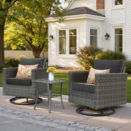 Ovios - 3 PCS Outdoor Wicker Bistro Set, Swivel Rocking Chairs with Side Table for Porch - Black