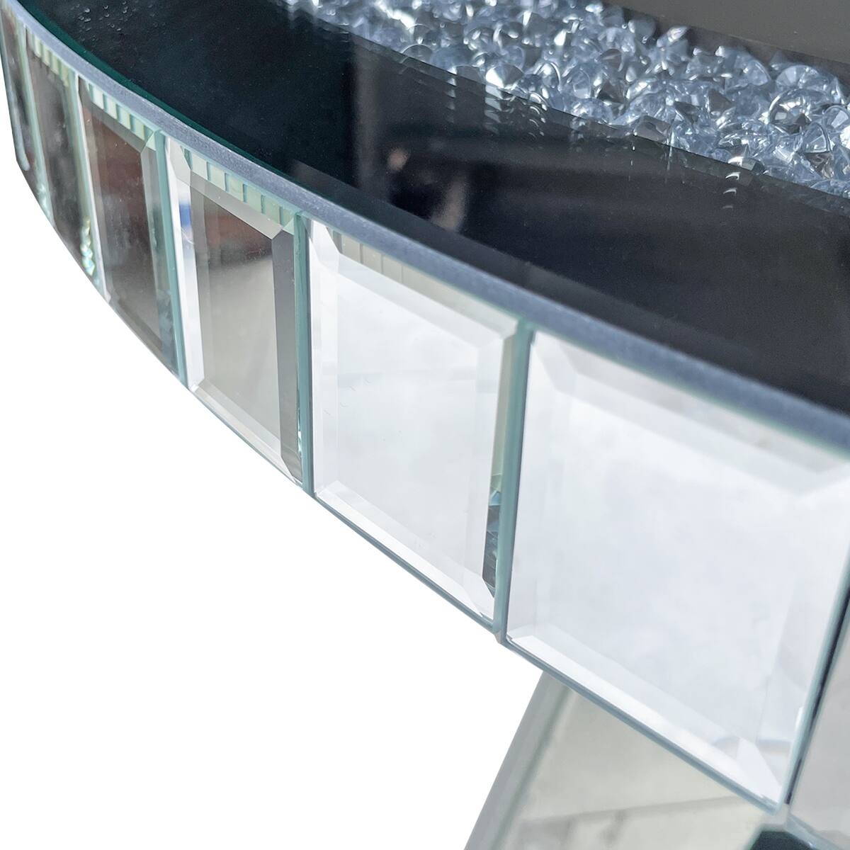 Alt View 3. Loheer - Loheer Round Mirrored Dining Table with Crushed Diamond Glass Top and Mirrored Base - Silver.