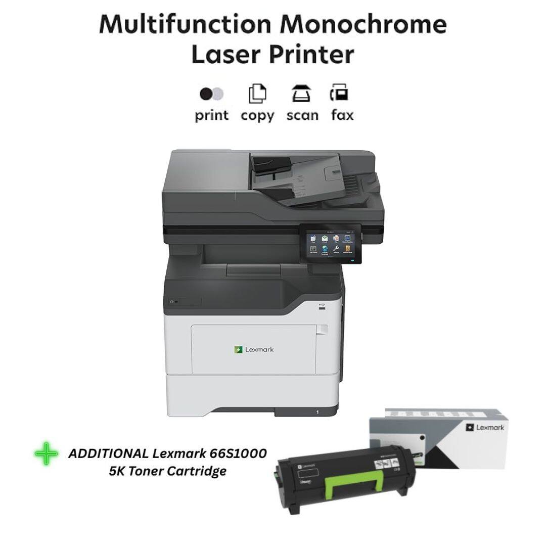 Multifunction Monochrome Laser Printer
print copy scan fax
Lexmark
+ ADDITIONAL Lexmark 66S1000 5K Toner Cartridge