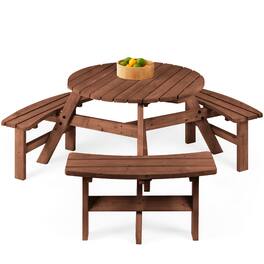 Best Choice Products - 6-Person Circular Outdoor Wooden Picnic Table w/ 3 Built-In Benches, 500lb Capacity - Walnut Brown