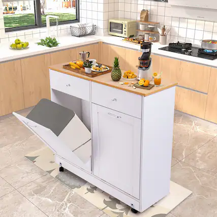 Front. U-HOMY - 10-Gallon Double Tilt-Out Trash Cabinet with Wheels and Drawers, Wooden Rolling Trash Bin Storage Organizer.