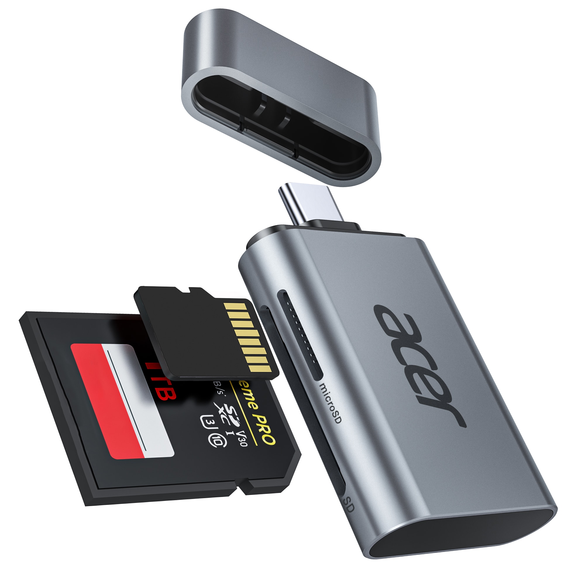 Acer - USB C SD 4.0 Card Reader, 2 in 1 UHS-II Micro SD Card Reader to Type C Adapter for MicroSD, SDXC, SDHC, RS-MMC Compatibl - Grey