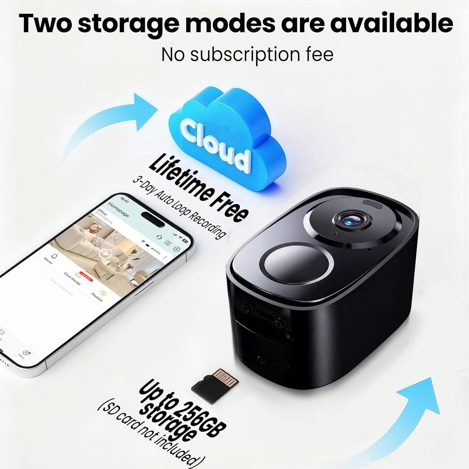 Two storage modes are available. No subscription fee. Lifetime Cloud 3-Day Auto Loop Recording Free. (SD card storage up to 256GB not included)