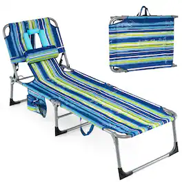 Costway - Outdoor Beach Lounge Chair Folding Chaise Lounge with Pillow - Blue,Green