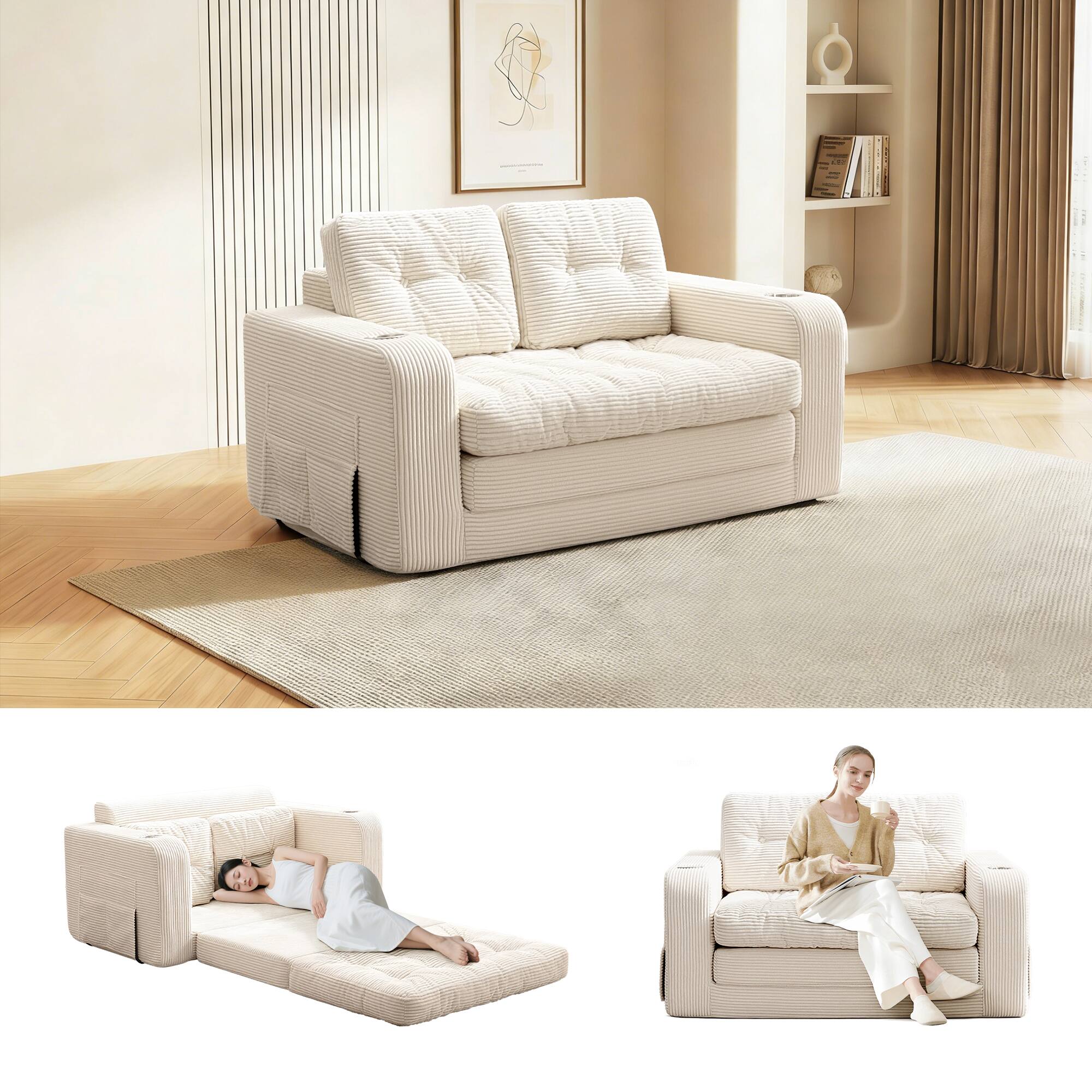 Alt View 6. KERDOM - 2 in 1 Small Convertible Loveseat Sofa Bed, Compact Folding Futon Sleeper with Cup Holder, Pull Out Couch for Guest Room - Beige.