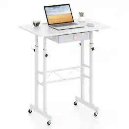 Costway - Standing Desk, Height Adjustable Laptop Desk with Fabric Drawer, Tablet Holder - White