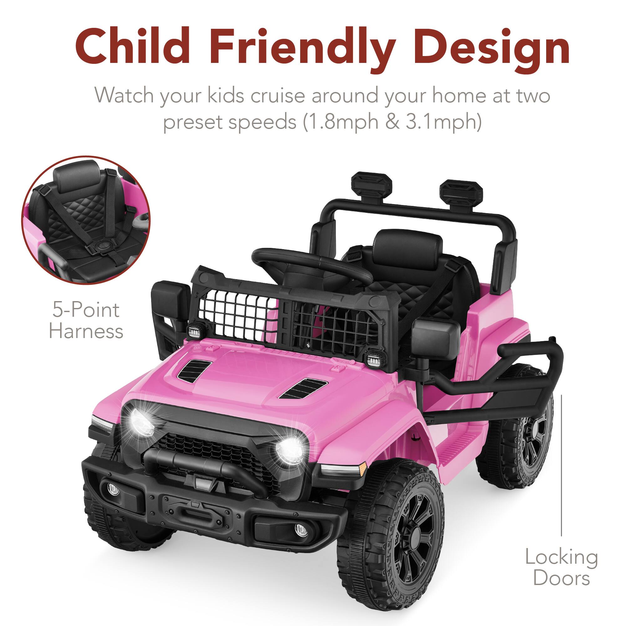 Child Friendly Design

Watch your kids cruise around your home at two preset speeds (1.8mph & 3.1mph)

- 5-Point Harness
- Locking Doors