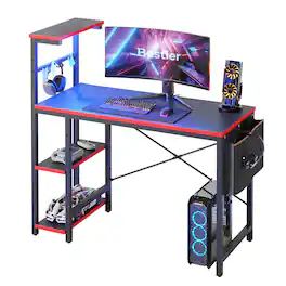 Bestier - 44 inch Gaming Desk with LED Lights, Reversible Storage Shelves & Side Storage Bag for Small Space - Black Carbon Fiber