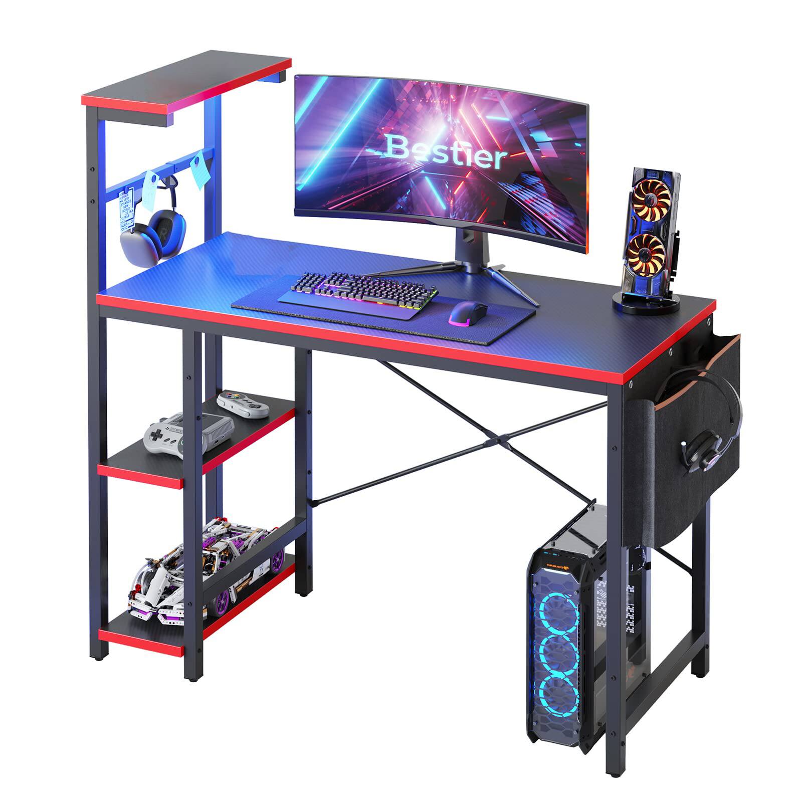 Front. Bestier - 44 inch Gaming Desk with LED Lights, Reversible Storage Shelves & Side Storage Bag for Small Space - Black Carbon Fiber.