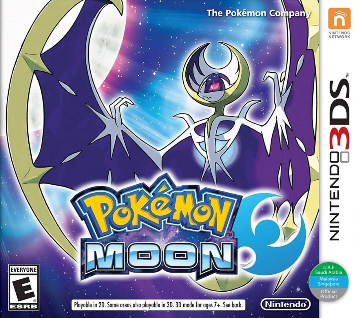 The Pokémon Company  
Nintendo Network  
Nintendo 3DS™  
Pokémon Moon  
Playable in 2D. Some areas also playable in 3D. 3D mode for ages 7+. See back.  
Nintendo  
UAE Saudi Arabia Malaysia Singapore  
Official Product  
ESRB EVERYONE