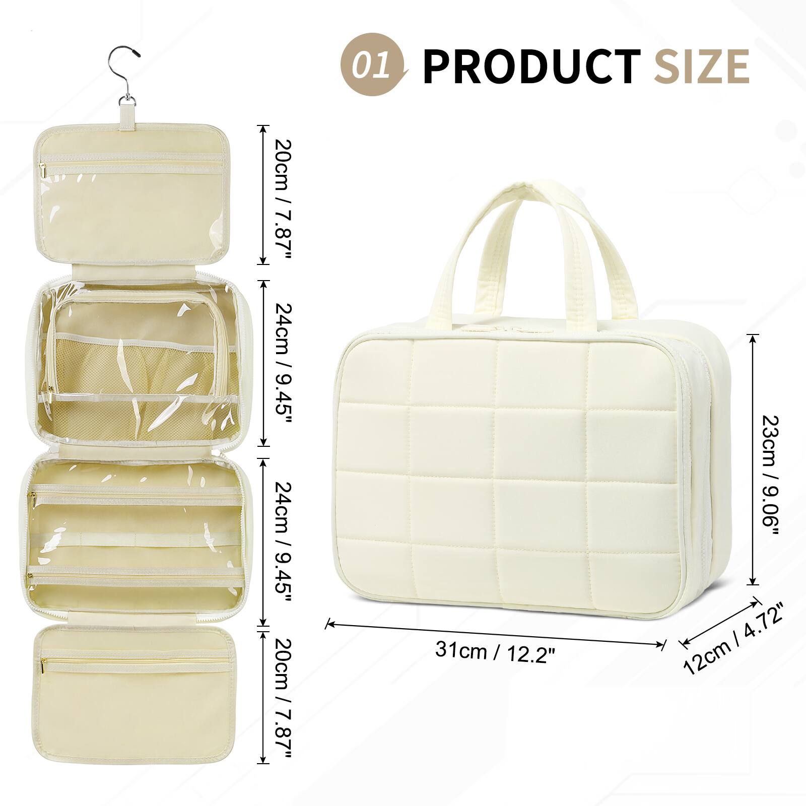 PRODUCT SIZE

- 20cm / 7.87"
- 24cm / 9.45"
- 24cm / 9.45"
- 20cm / 7.87"
- 31cm / 12.2"
- 23cm / 9.06"
- 12cm / 4.72"
