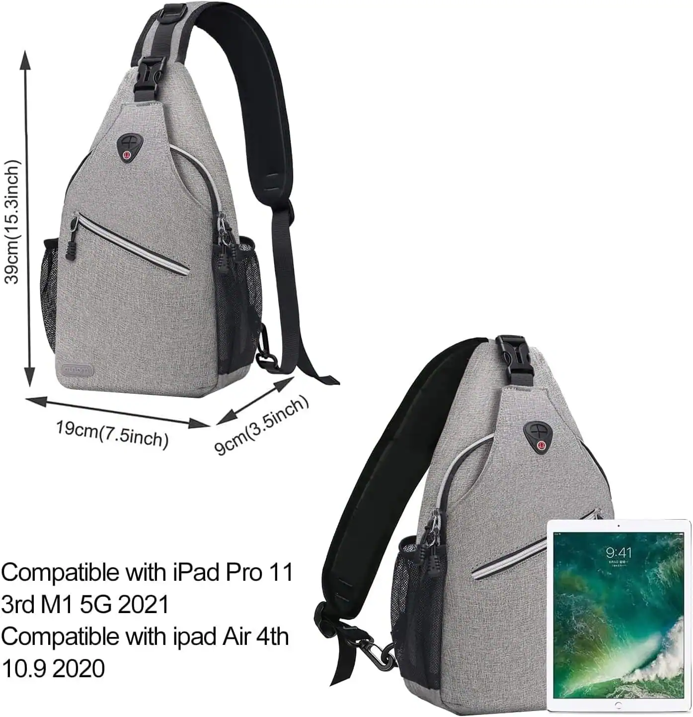 39cm (15.3 inch)  
19cm (7.5 inch)  
9cm (3.5 inch)  

Compatible with iPad Pro 11 3rd M1 5G 2021  
Compatible with iPad Air 4th 10.9 2020
