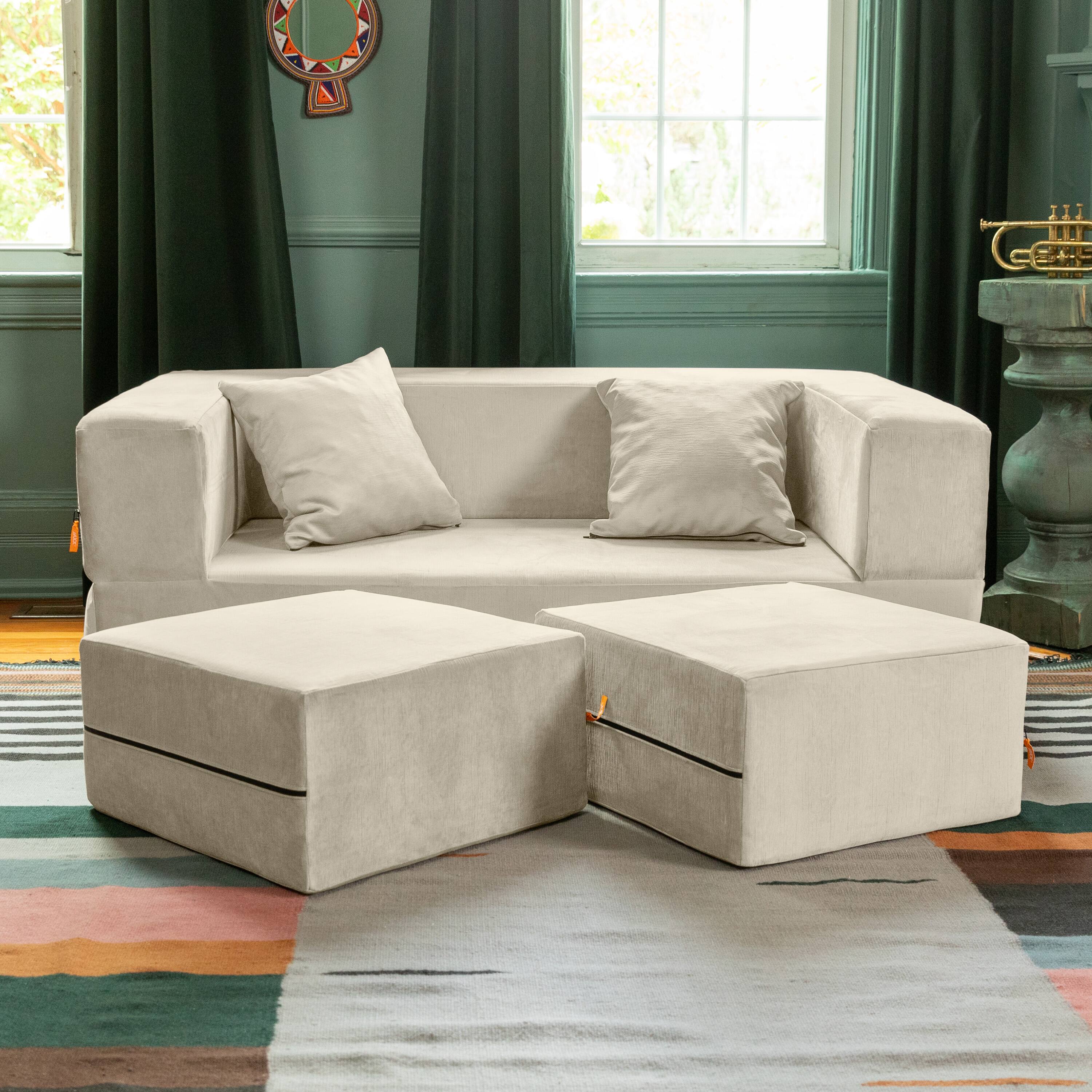 Alt View 1. Jaxx - Jaxx Zipline Convertible Sleeper Loveseat & Ottomans, Textured Microvelvet - Ivory - Ivory.