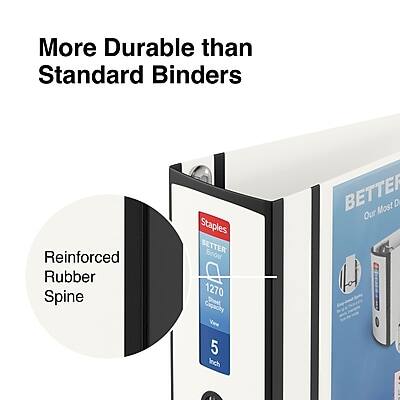 More Durable than Standard Binders  
Reinforced Rubber Spine  
Staples  
BETTER Binder  
1270 Sheet Capacity  
5 Inch  
Our Most Durable Binder