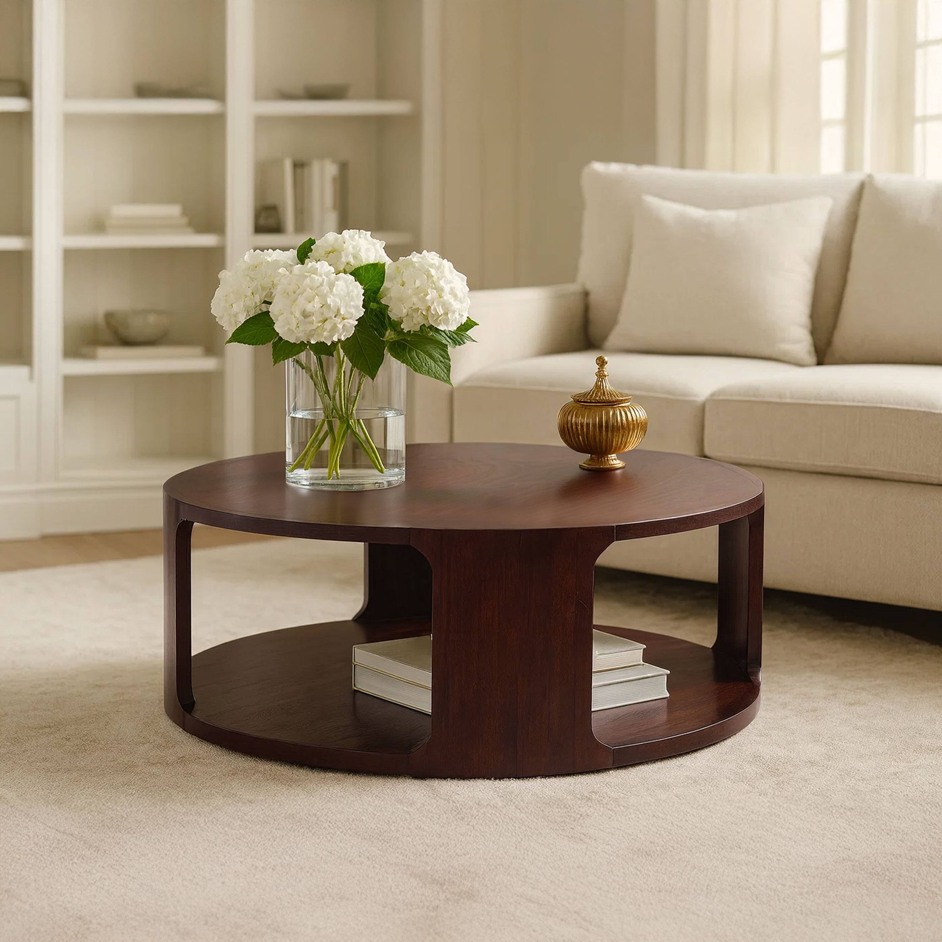 Alt View 7. Manhattan Lane - Bard Coffee Table, 38 Inch Round Top with Shelf, Walnut Brown Mango Wood Sculptural Frame - Brown.