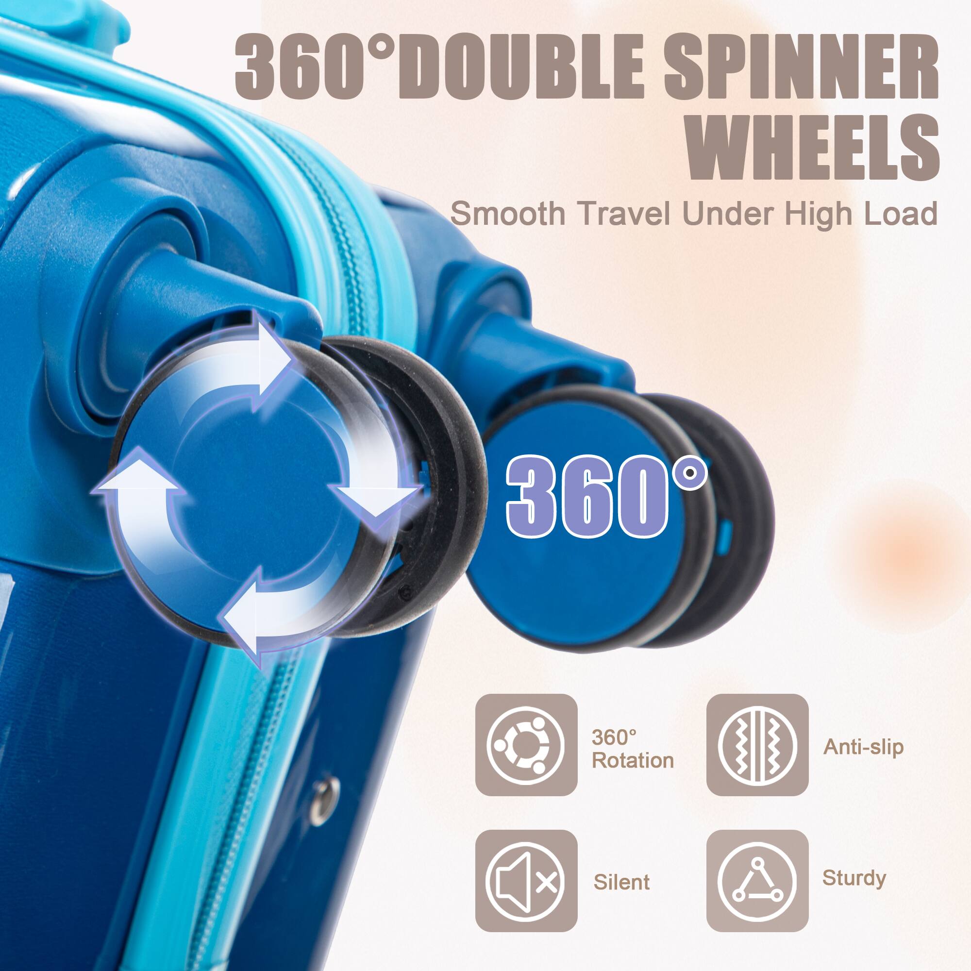 360° DOUBLE SPINNER WHEELS  
Smooth Travel Under High Load  

360°  
360° Rotation  
Anti-slip  
Silent  
Sturdy