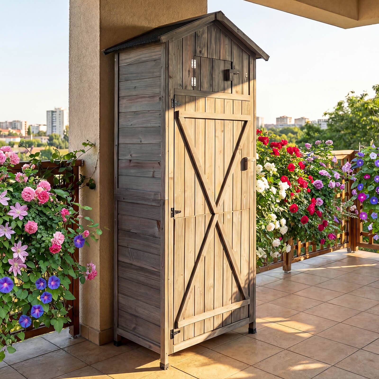 Alt View 3. Costway - Costway Wood Garden Storage Shed with Lockable Barn Door, Removable Shelves for Patio - Brown.