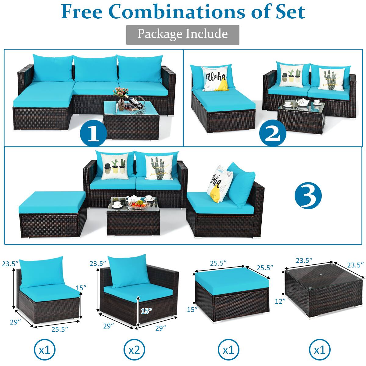 Free Combinations of Set  
Package Include  

1.  
2.  
3.  

23.5" x 25.5" x 15" x 29" x 1"  
23.5" x 25.5" x 15" x 29" x 2"  
25.5" x 25.5" x 15" x 29" x 1"  
23.5" x 23.5" x 12" x 1"  

x1  
x2  
x1  
x1