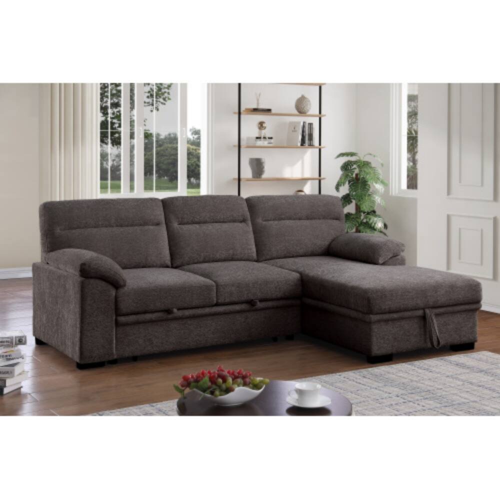 Angle. LUCKY ONE - 94" Brown Chenille Sleeper Sectional Sofa with Right-Facing Storage Chaise, Pull-Out Bed, USB Console, Cupholders - Brown.