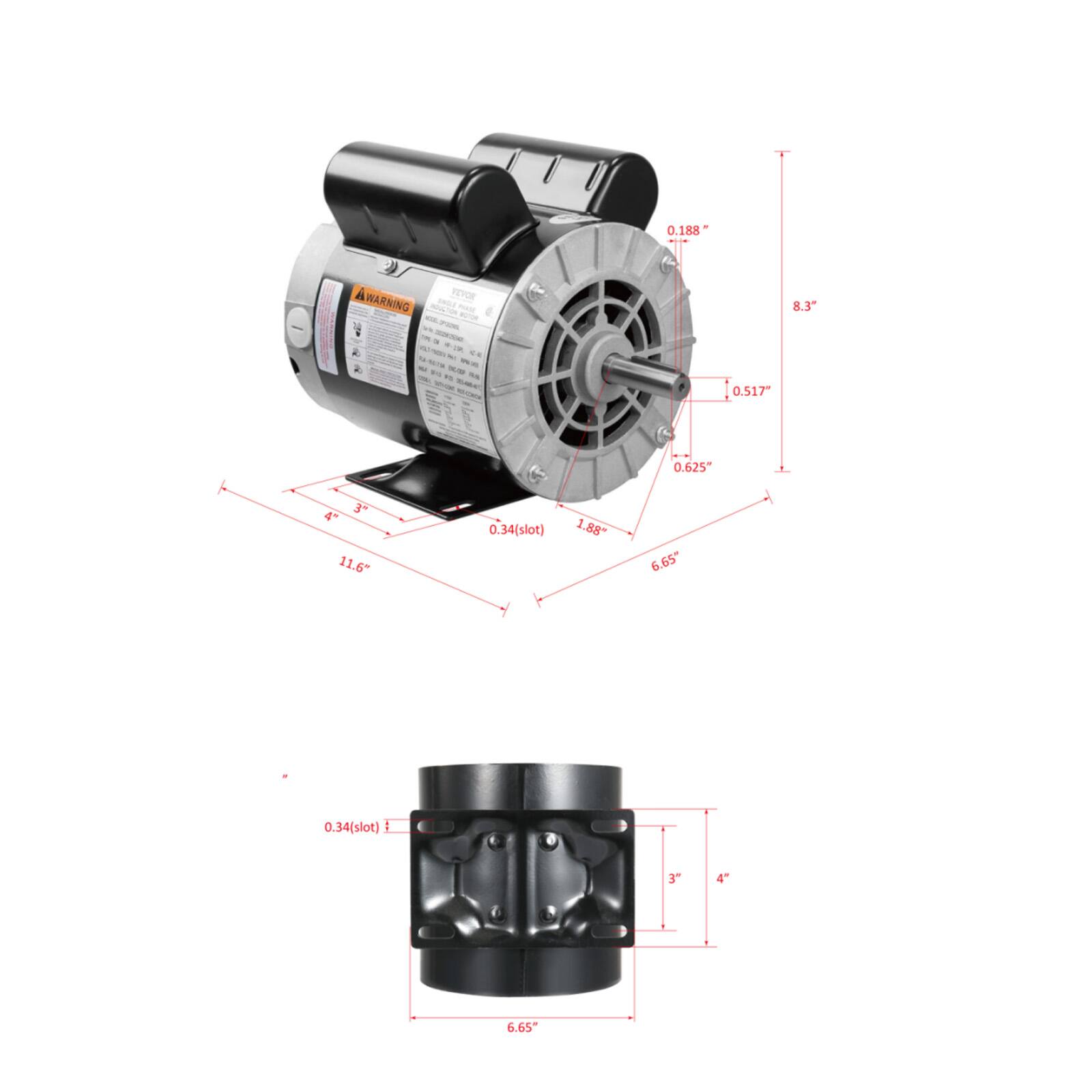 0.188"  
WARNING  
VEVOR  
8.3"  
0.517"  
0.625"  
"A 3" 11.6"  
0.34(slot)  
1.88"  
6.65"  
0.34(slot)  
4"  
6.65"
