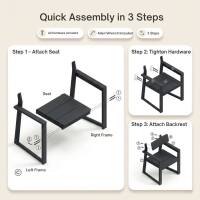 Quick Assembly in 3 Steps

Step 1: Attach Seat
- Attach Seat
- Right Frame
- Left Frame

Step 2: Tighten Hardware

Step 3: Attach Backrest
- Attach Backrest
- Right Frame
- Left Frame