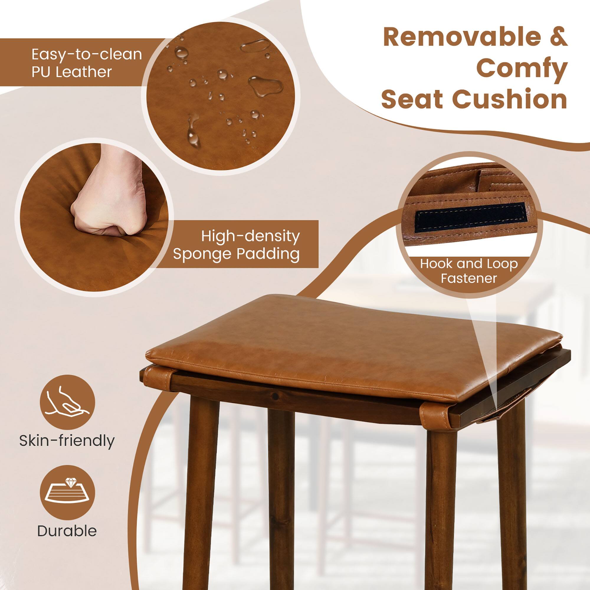 Easy-to-clean PU Leather, Removable & Comfy Seat Cushion, High-density Sponge Padding, Hook and Loop Fastener, Skin-friendly, Durable