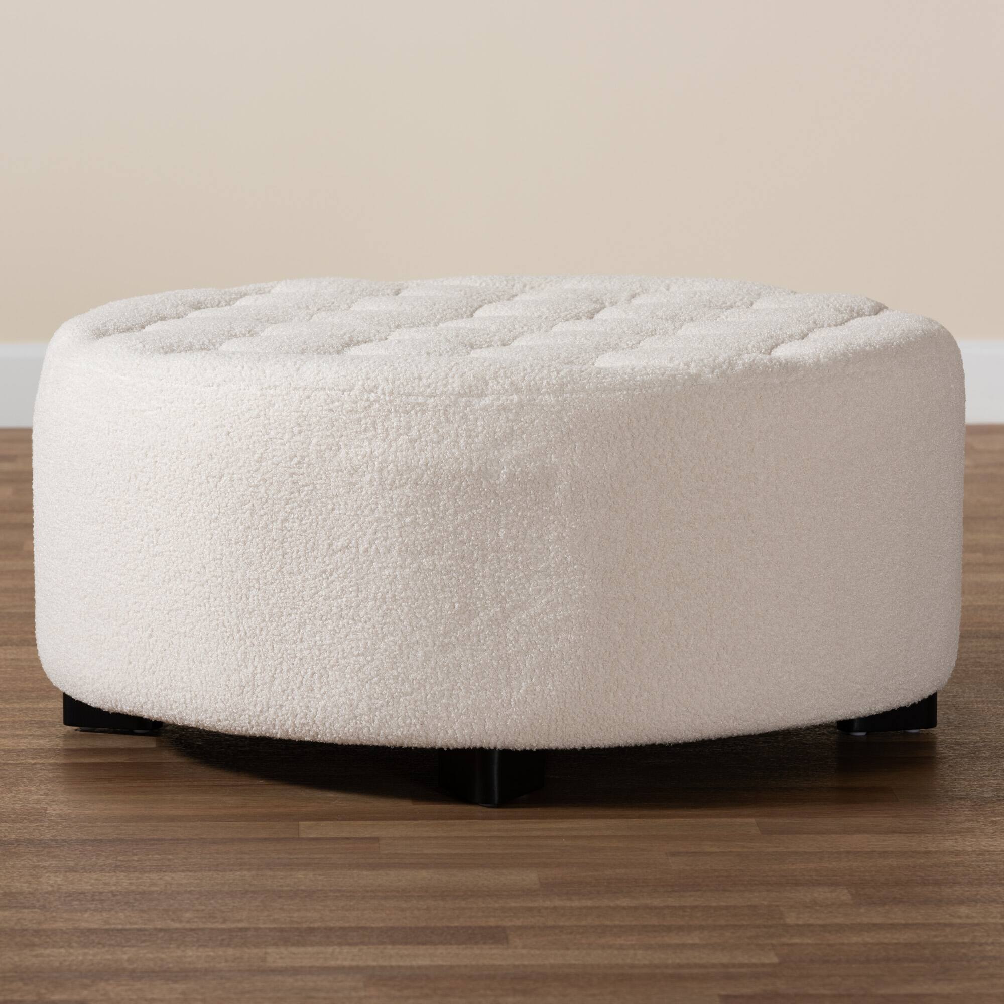 Alt View 2. Baxton Studio - Athena Modern and Contemporary Boucle Upholstered and Finished Wood Round Ottoman - Ivory.