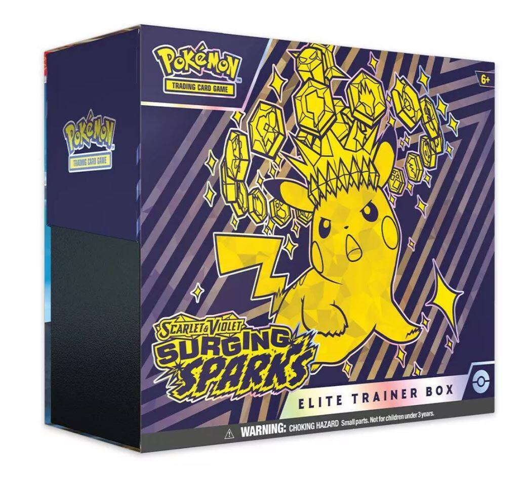 Pokémon Trading Card Game  
Scarlet & Violet  
Surging Sparks  
Elite Trainer Box  

6+  

WARNING: CHOKING HAZARD Small parts. Not for children under 3 years.
