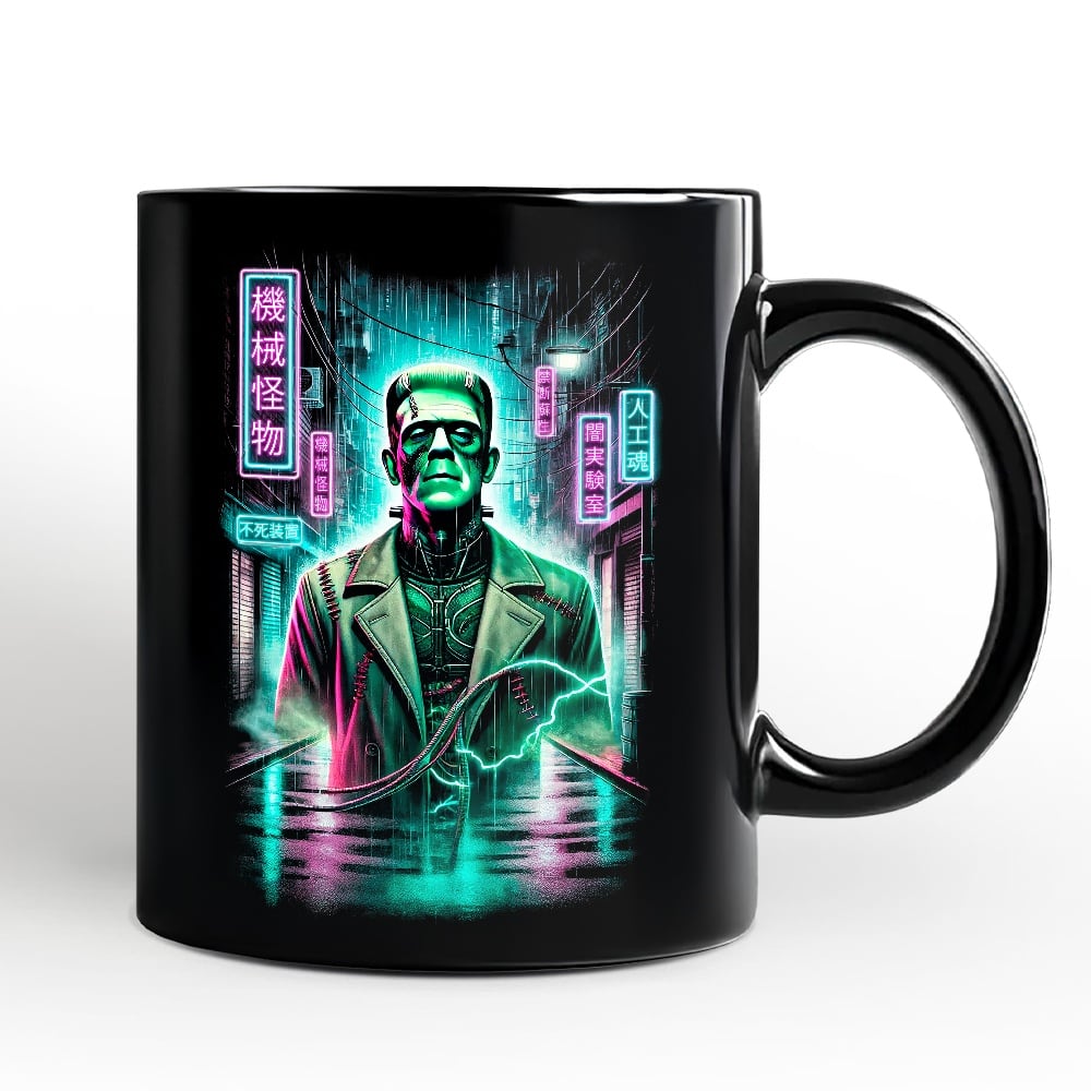 OrnamentallyYou - Cyberpunk Frankenstein Mug, Neon Halloween Monster Gift - Black