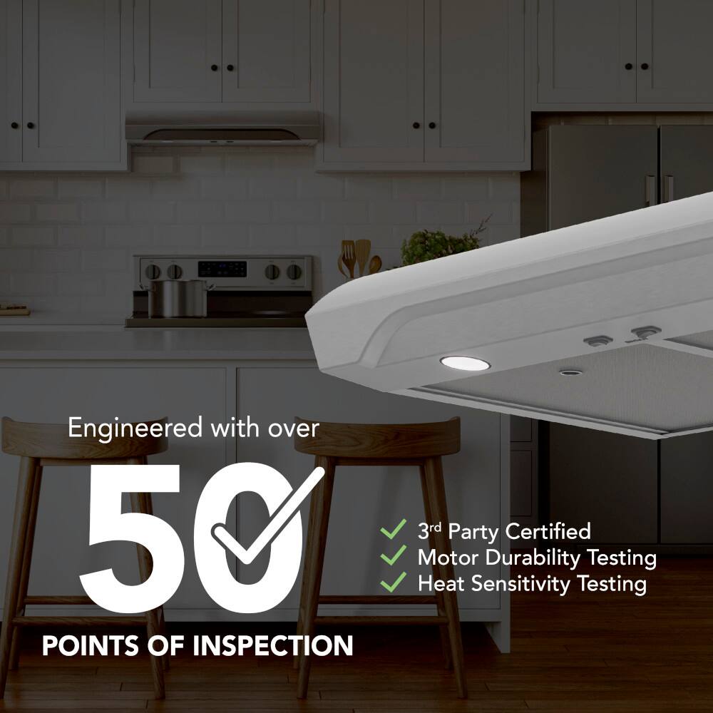 The text on the image reads: "Engineered with over 50 3rd Party Certified Motor Durability Testing Heat Sensitivity Testing Points of Inspection."