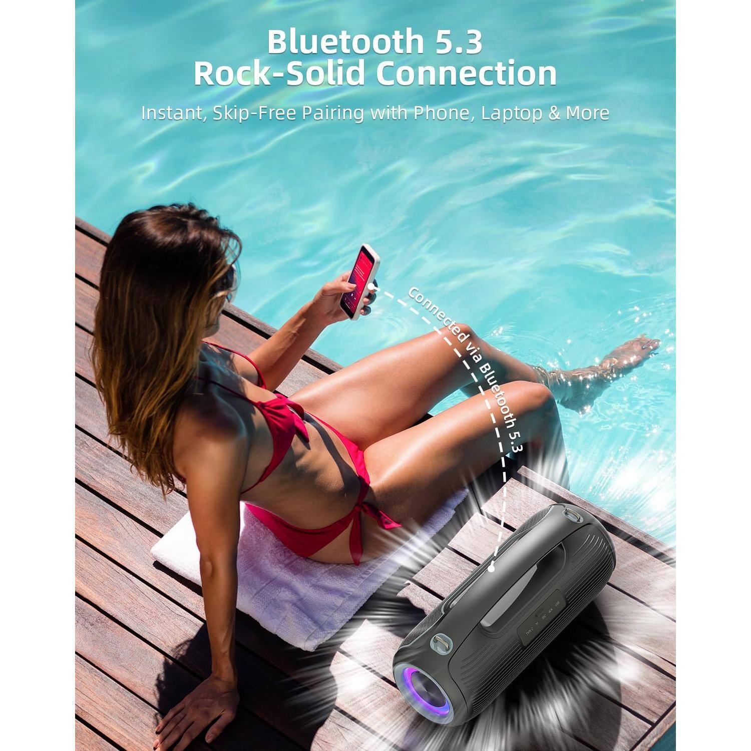 Bluetooth 5.3  
Rock-Solid Connection  

Instant, Skip-Free Pairing with Phone, Laptop & More  

Connected via Bluetooth 5.3