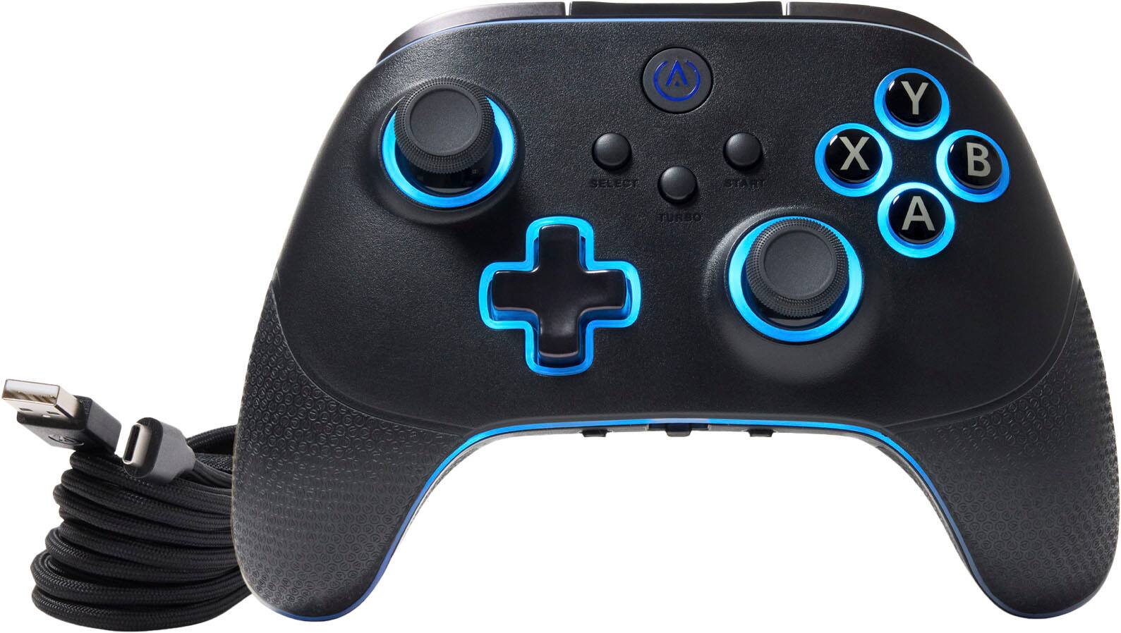 A black Xbox controller with a blue X, Y, A, and B buttons.