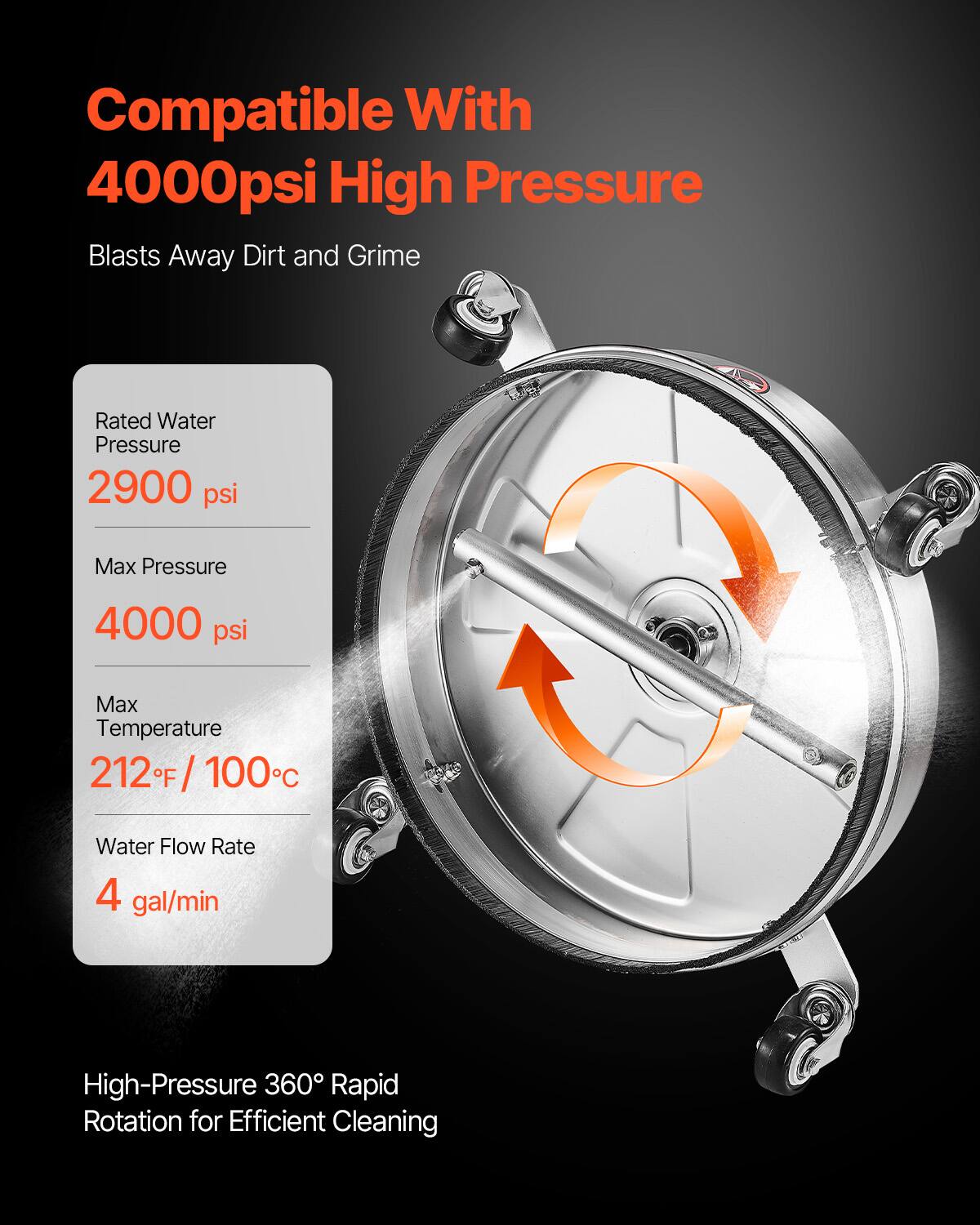 Compatible With 4000psi High Pressure

Blasts Away Dirt and Grime

- Rated Water Pressure: 2900 psi
- Max Pressure: 4000 psi
- Max Temperature: 212°F / 100°C
- Water Flow Rate: 4 gal/min

High-Pressure 360° Rapid Rotation for Efficient Cleaning
