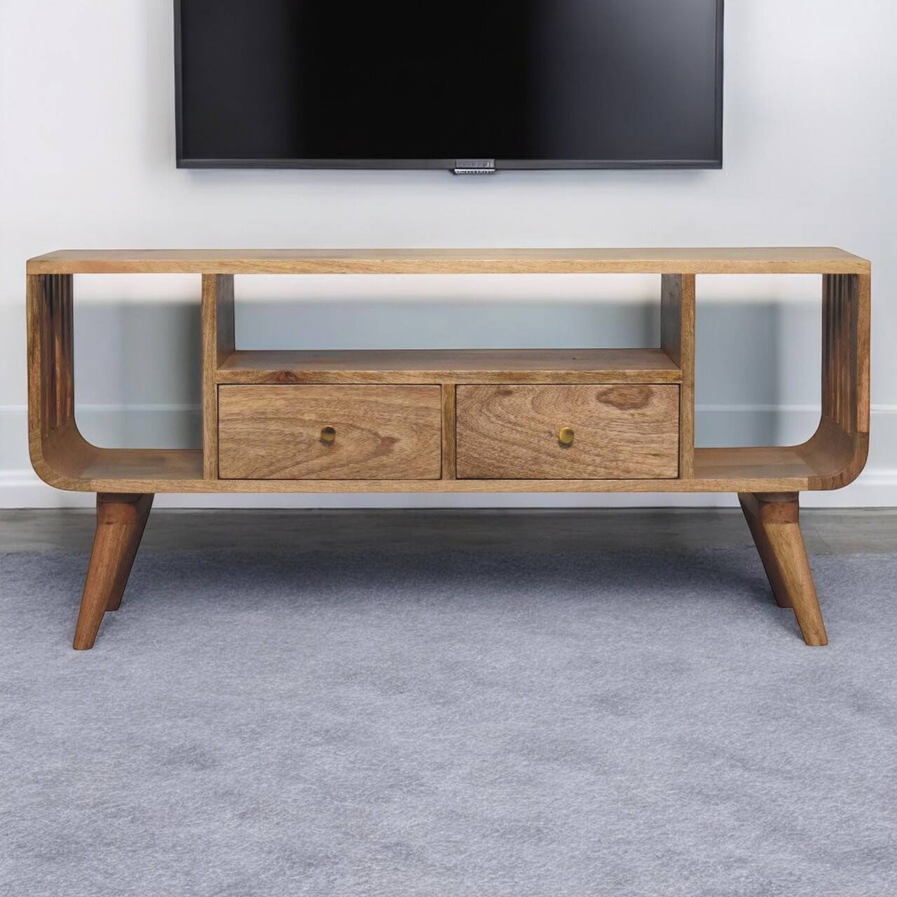 Angle. Artisan Furniture - Artisan Furniture Solid Wood Soba Nordic Multi Media Unit, 2 Drawers, 3 Shelves, Brown - Beige.