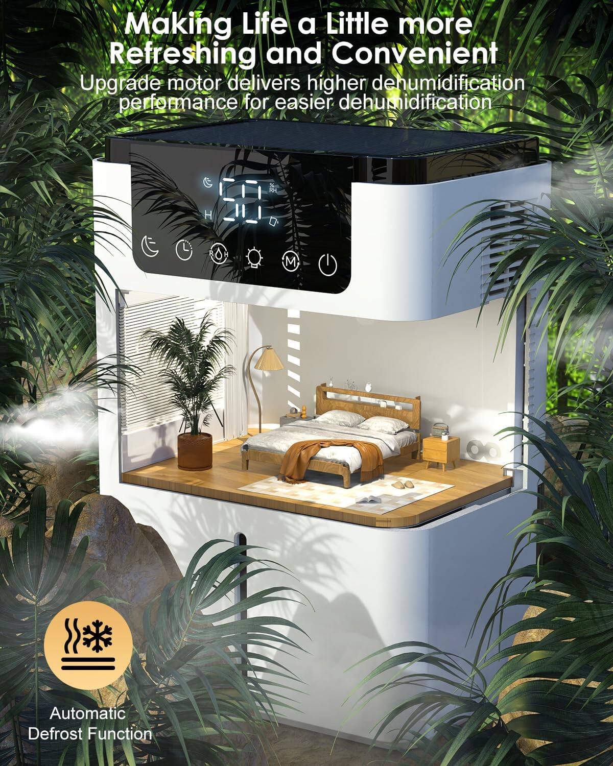 Making Life a Little more Refreshing and Convenient

Upgrade motor delivers higher dehumidification performance for easier dehumidification

Automatic Defrost Function