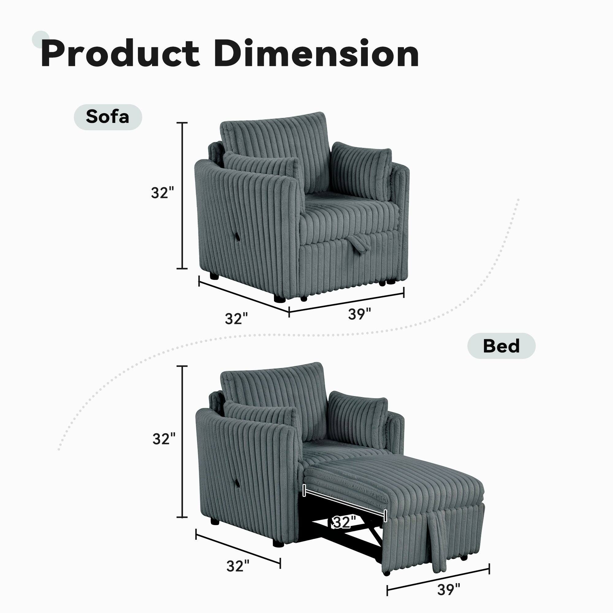 Product Dimension  
Sofa: 32" x 32" x 39"  
Bed: 32" x 32" x 39"