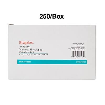 250/Box Staples  
Invitation Gummed Envelopes  
White Wove  
4.375 in x 5.75 in (11.1 cm x 14.6 cm)  
250 Envelopes  
ST266767N