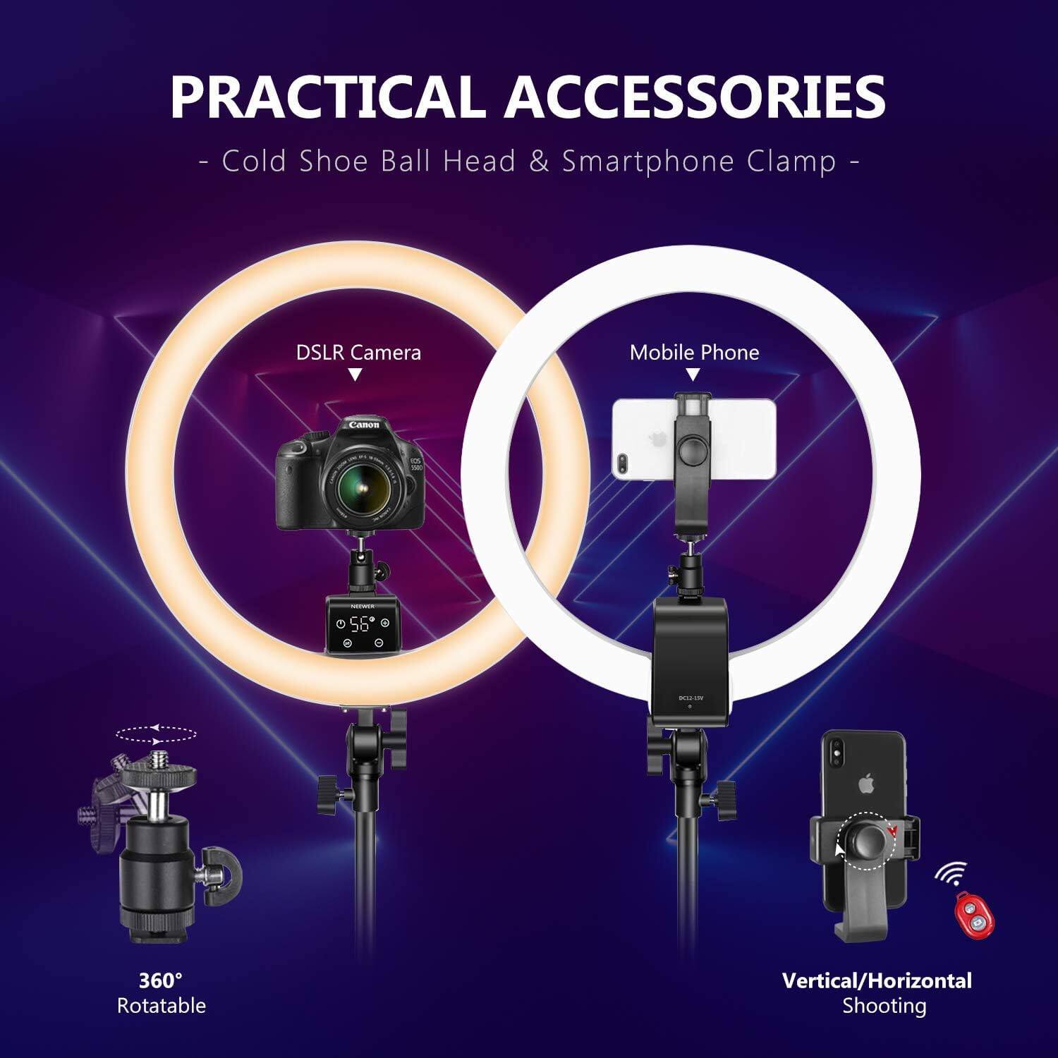PRACTICAL ACCESSORIES - Cold Shoe Ball Head & Smartphone Clamp - DSLR Camera Mobile Phone

- 360° Rotatable
- Vertical/Horizontal Shooting