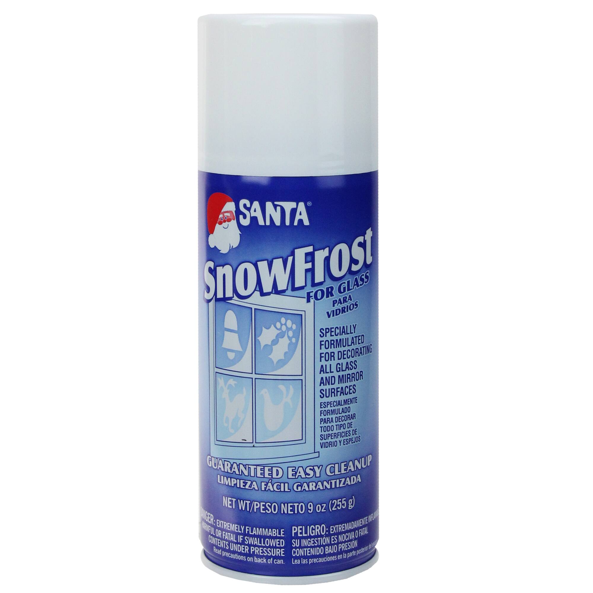 **SANTA SnowFrost for Glass**

**Specially Formulated for Decorating All Glass and Mirror Surfaces**

**Guaranteed Easy Cleanup**

**Net Wt/Peso Neto 9 oz (255 g)**

**Extremely Flammable**

**Peligro: Extremadamente inflamable**

**Fatal if Swallowed**

**Contenido: Fatal si ingerido**

**Under Pressure**

**Contenido bajo presión**

**Read precautions on back of can.**

**Lea las precauciones en la parte trasera del envase.**