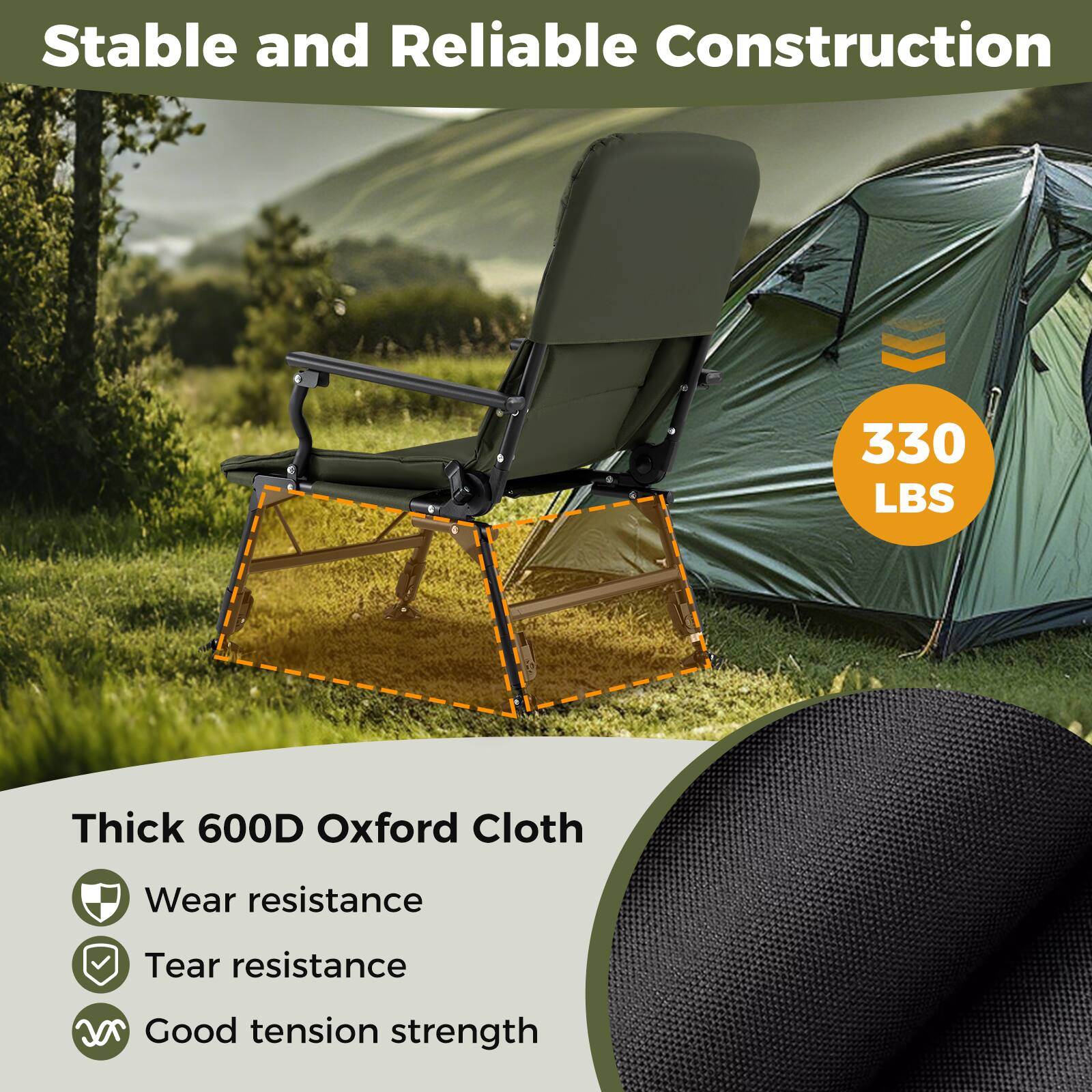 Stable and Reliable Construction

330 LBS

Thick 600D Oxford Cloth
- Wear resistance
- Tear resistance
- Good tension strength